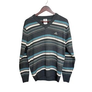 Adidas‎ V-Neck Sweater Asian Size M Grey Wool Blend Striped Embroidered Logo